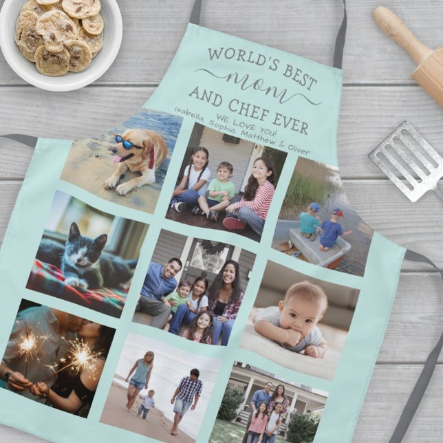 Any Text Photo Collage Best Mom Teal Blue & Grey Apron (Creator Uploaded)