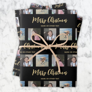 Any Text Photo Collage Chic Black & Gold Christmas Wrapping Paper Sheet