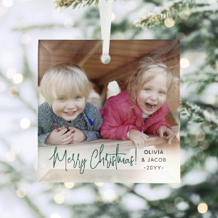 Any Text Photo Overlay Modern Simple Green Script Glass Ornament