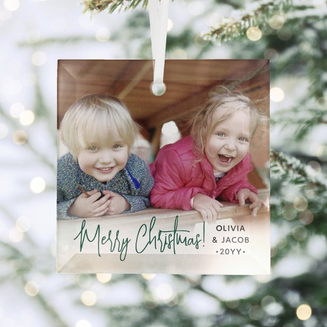 Any Text Photo Overlay Modern Simple Green Script Glass Ornament (Creator Uploaded)
