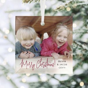 Any Text Photo Overlay Modern Simple Red Script Glass Ornament