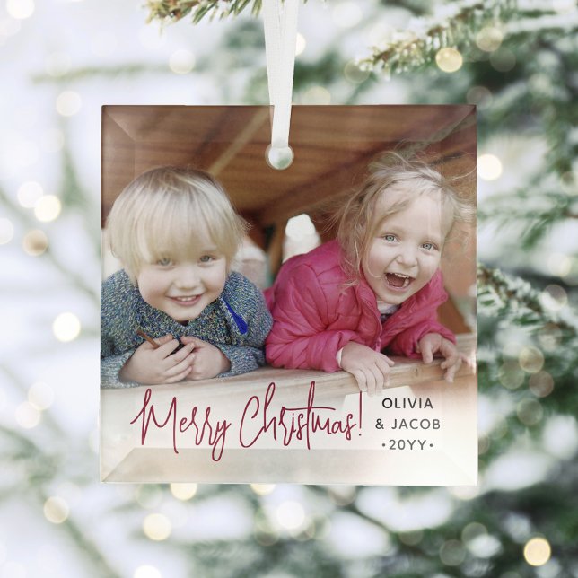 Any Text Photo Overlay Modern Simple Red Script Glass Ornament (Creator Uploaded)