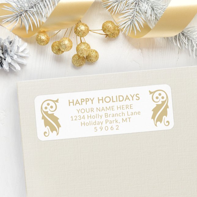 Any Text Simple Gold Holiday Holly Return Address (Creator Uploaded)