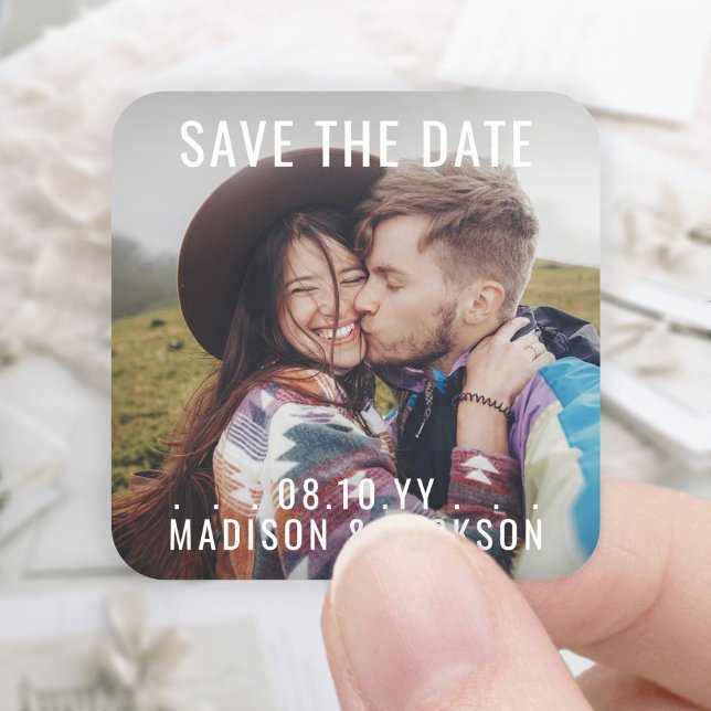 Any Text Simple Modern Photo Wedding Save The Date Square Sticker (Creator Uploaded)