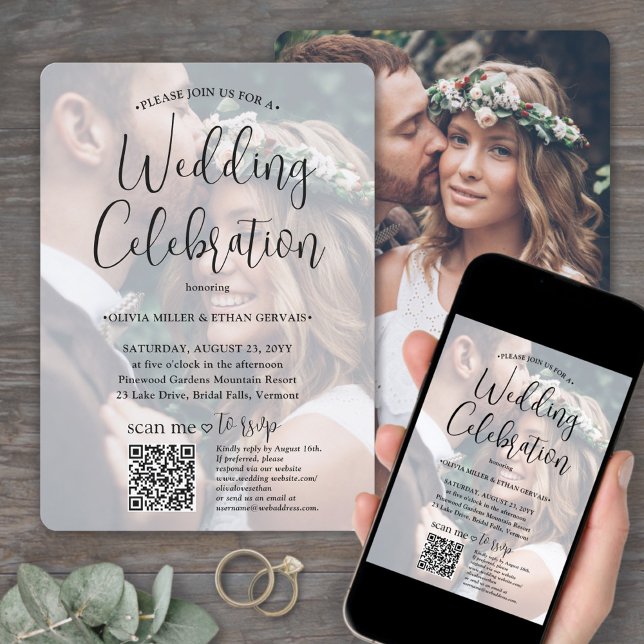 Any Text Trendy Script & Photo QR RSVP Wedding Invitation (Creator Uploaded)