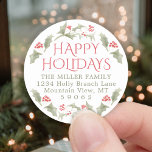Any Text Watercolor Holly Return Address Label<br><div class="desc">Add an elegant finishing touch to holiday greeting cards or invitations with these artistic watercolor round return address labels. All text is simple to customize "Happy Holidays" to any greeting, such as Merry Christmas, Happy New Year, Seasons Greetings, family name, or any custom message of your choice. Design features watercolor...</div>