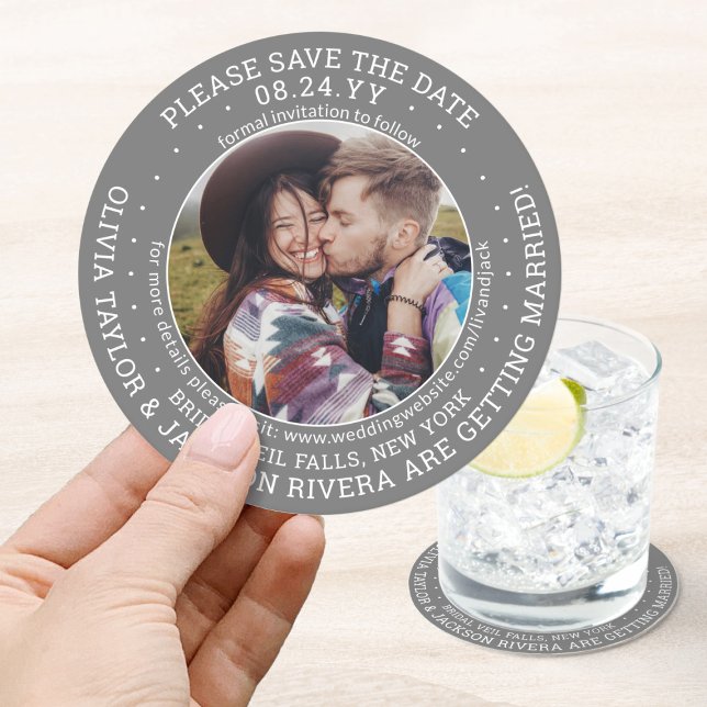 Any Text Wedding Save the Date Photo Grey & White Round Paper Coaster (Creator Uploaded)