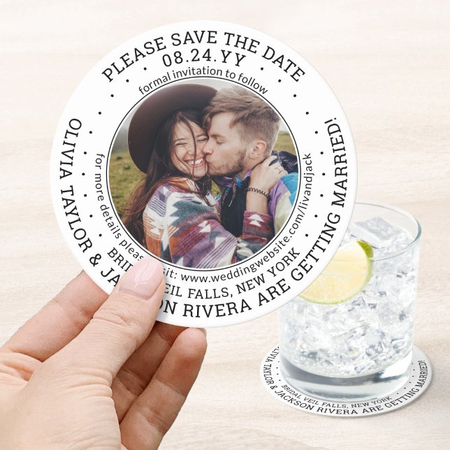 Any Text Wedding Save the Date Photo Unique Modern Round Paper Coaster (Creator Uploaded)