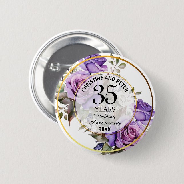 Any Wedding (35) Gold Frame Roses Anniversary 2 Inch Round Button (Front & Back)