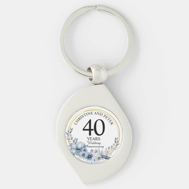 Any Wedding (40) Elegant Blue Floral Anniversary Keychain (Front)