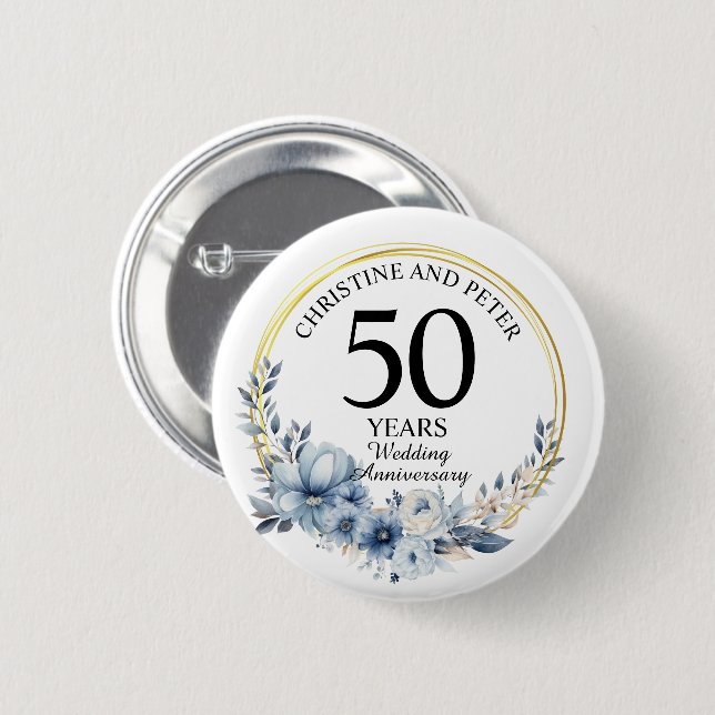 Any Wedding (50) Elegant Blue Floral Anniversary 2 Inch Round Button (Front & Back)