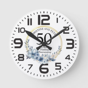 Any Wedding (50) Elegant Blue Floral Anniversary Round Clock