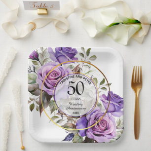 Any Wedding (50) Gold Frame Roses Anniversary Paper Plate