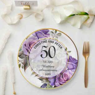 Any Wedding (50) Gold Frame Roses Anniversary Paper Plate