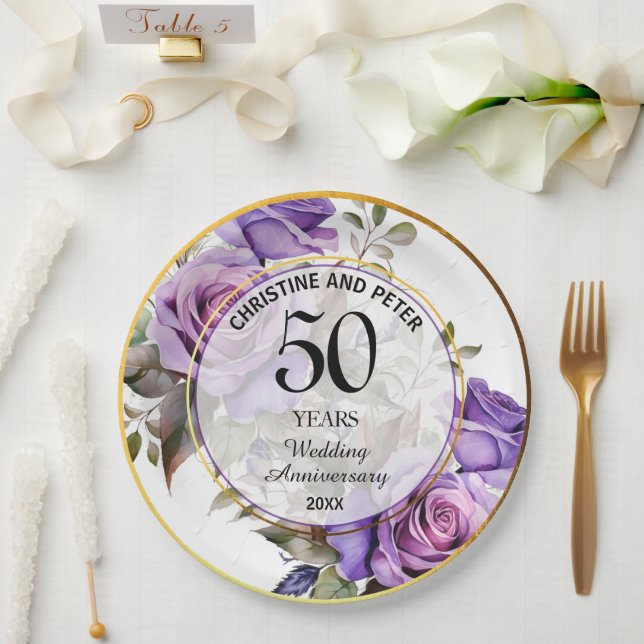 Any Wedding (50) Gold Frame Roses Anniversary Paper Plate (Wedding)