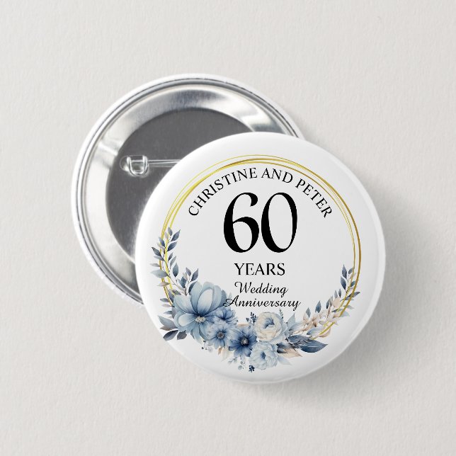 Any Wedding (60) Elegant Blue Floral Anniversary 2 Inch Round Button (Front & Back)