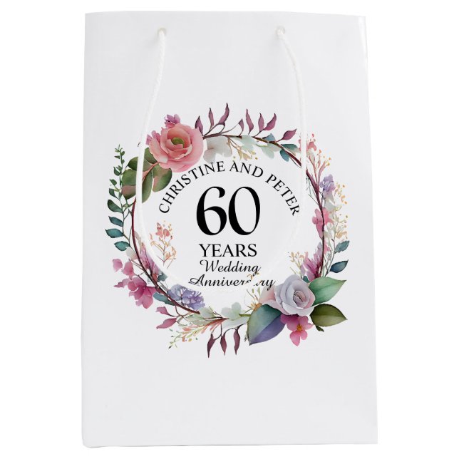 Any Wedding (60) Elegant Floral Anniversary Medium Gift Bag (Front)