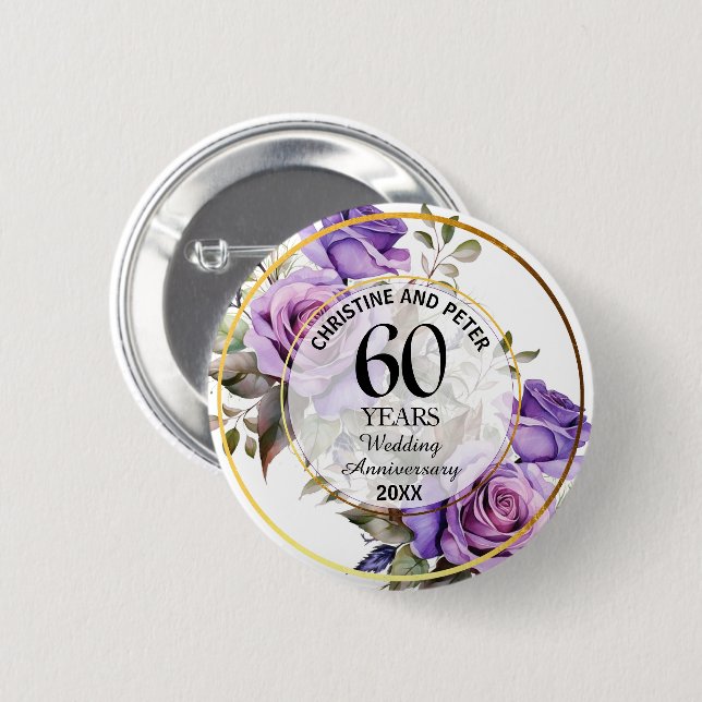 Any Wedding (60) Gold Frame Roses Anniversary 2 Inch Round Button (Front & Back)