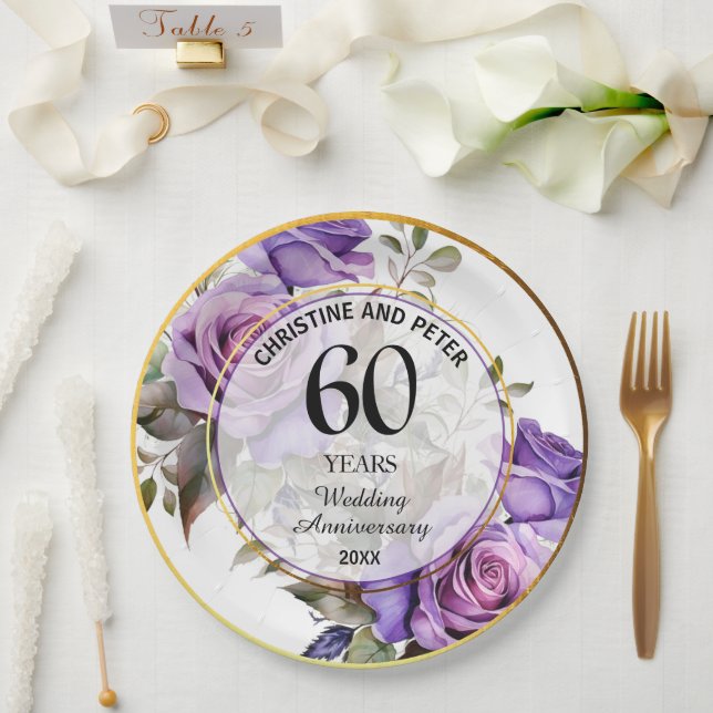 Any Wedding (60) Gold Frame Roses Anniversary Paper Plate (Wedding)