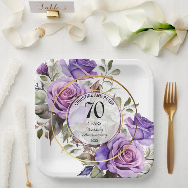 Any Wedding (70) Gold Frame Roses Anniversary Paper Plate (Wedding)