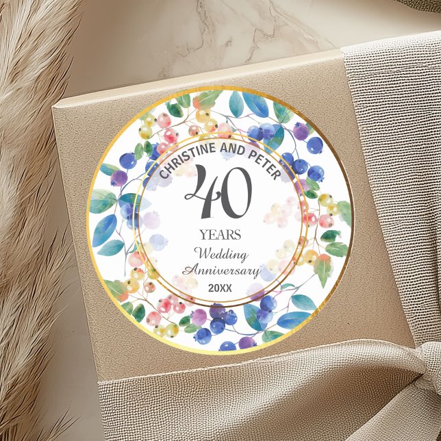Any Wedding Anniversary (40) Gold Frame Berries Classic Round Sticker (Creator Uploaded)