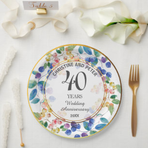 Any Wedding Anniversary (40) Gold Frame Berries Paper Plate