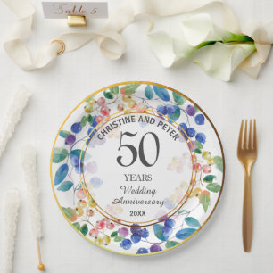 Any Wedding Anniversary (50) Gold Frame Berries Paper Plate