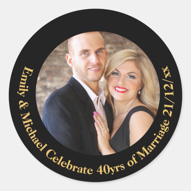 ANY Wedding Anniversary Black Gold Marble PHOTO Classic Round Sticker (Front)