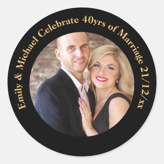 ANY Wedding Anniversary Black Gold Marble PHOTO Classic Round Sticker (Front)