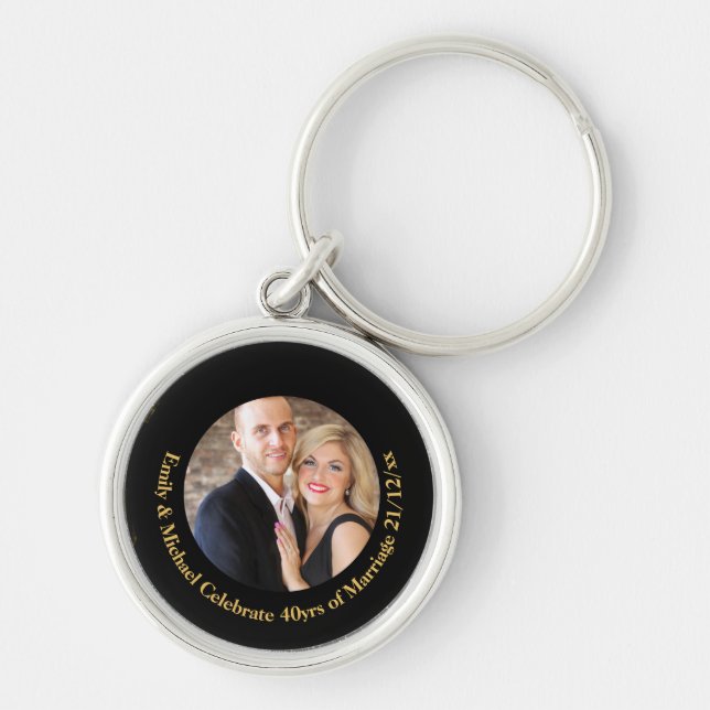 ANY Wedding Anniversary Black Gold Marble PHOTO Keychain (Front)