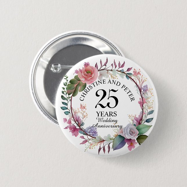 Any Wedding Elegant Floral Anniversary 2 Inch Round Button (Front & Back)