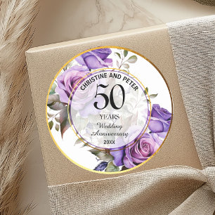 Any Wedding Gold Frame Purple Roses Anniversary Classic Round Sticker