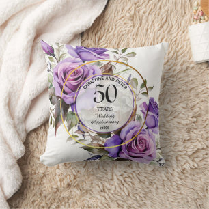 Any Wedding Gold Frame Purple Roses Anniversary Throw Pillow