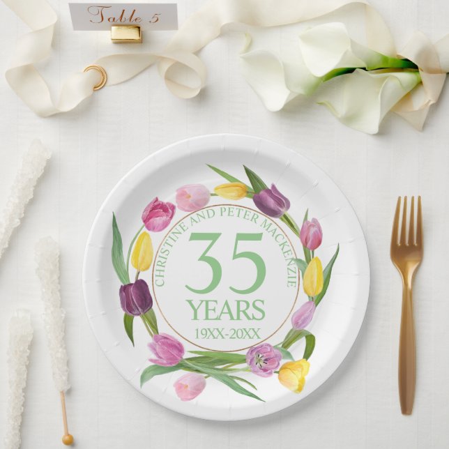 Any Wedding Watercolor Tulips Anniversary Paper Plate (Wedding)