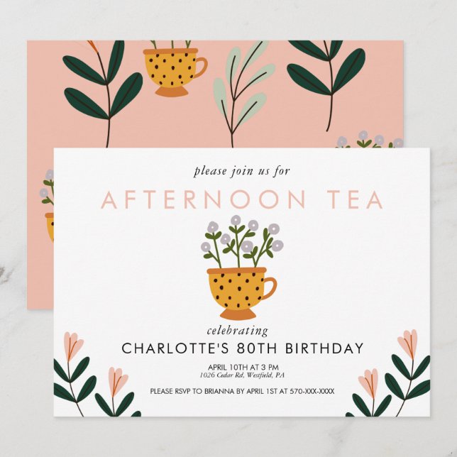 Any Year Abstract Flowers Tea Party Birthday  Invitation (Front/Back)