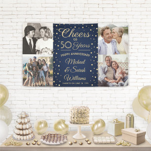 Any Year Anniversary 4 Photo Navy Blue Golden 50th Banner