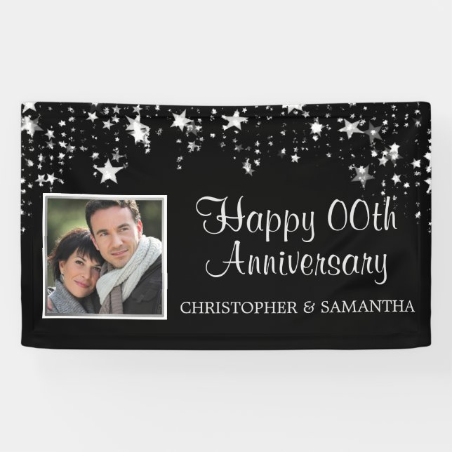 Any Year Anniversary Black Silver Stars Photo Banner (Horizontal)