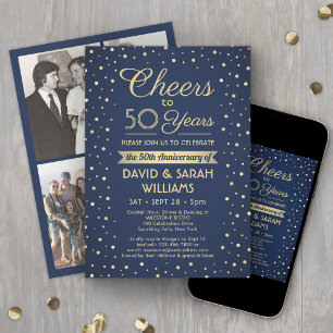 ANY YEAR Anniversary Cheers Confetti Navy and Gold Invitation