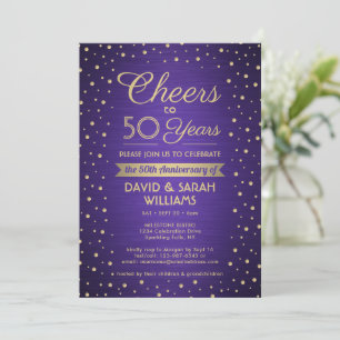 ANY YEAR Anniversary Cheers Confetti Purple & Gold Invitation