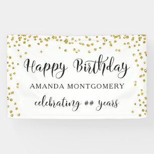 Any Year Birthday Confetti Script Black and Gold Banner