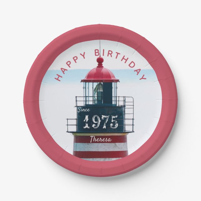  Any Year Birthday Monogram Lighthouse Paper Plate (Front)