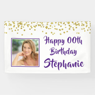 Any Year Birthday Purple Gold Confetti Photo Banner