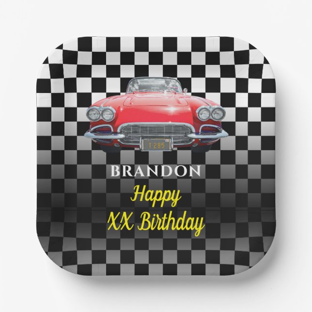 Any Year Birthday, Red Sport's Car, Name & Age B/W Paper Plate (Front)