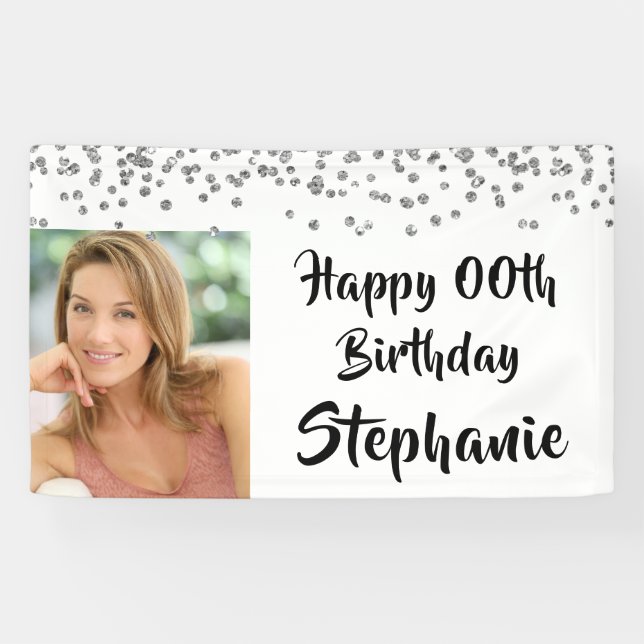 Any Year Birthday Silver Confetti Brush Script Banner (Horizontal)