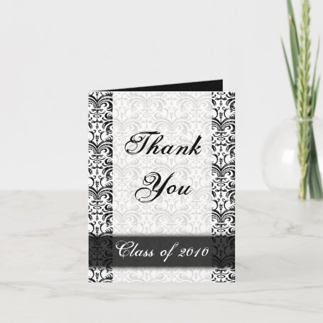 Any Year~ Black/White Damask Graduation Thank You Card (Front)