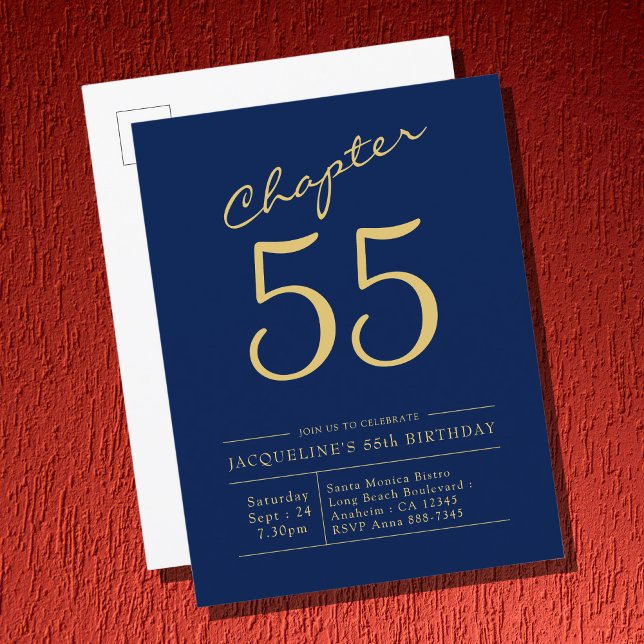 Any Year Blue Gold Script Birthday Invitation Postcard (Creator Uploaded)