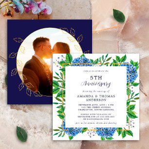 Any Year Blue Hydrangea Wedding Photo Anniversary Invitation
