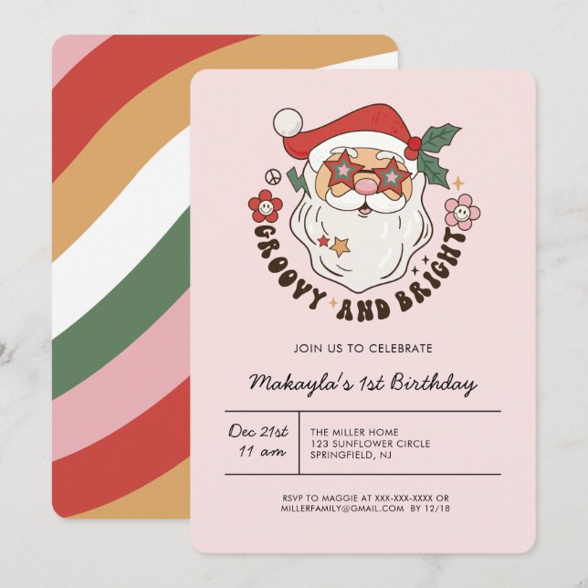 Any Year Colourful Groovy Retro Christmas Birthday Invitation (Front/Back)