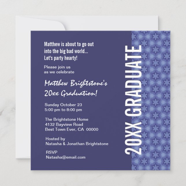 Any Year Graduation Navy Blue and Star Pattern Invitation (Front)