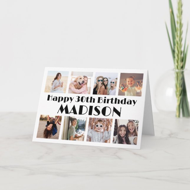 ANY Year Happy Birthday 8 Photo Collage Minimalist Card (Front)